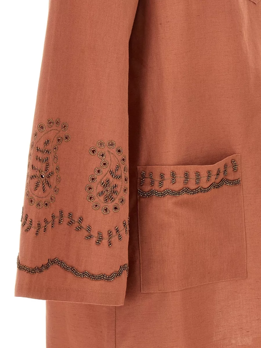 Fortela Beaded Cotton V-Neck Long-Sleeve Dress