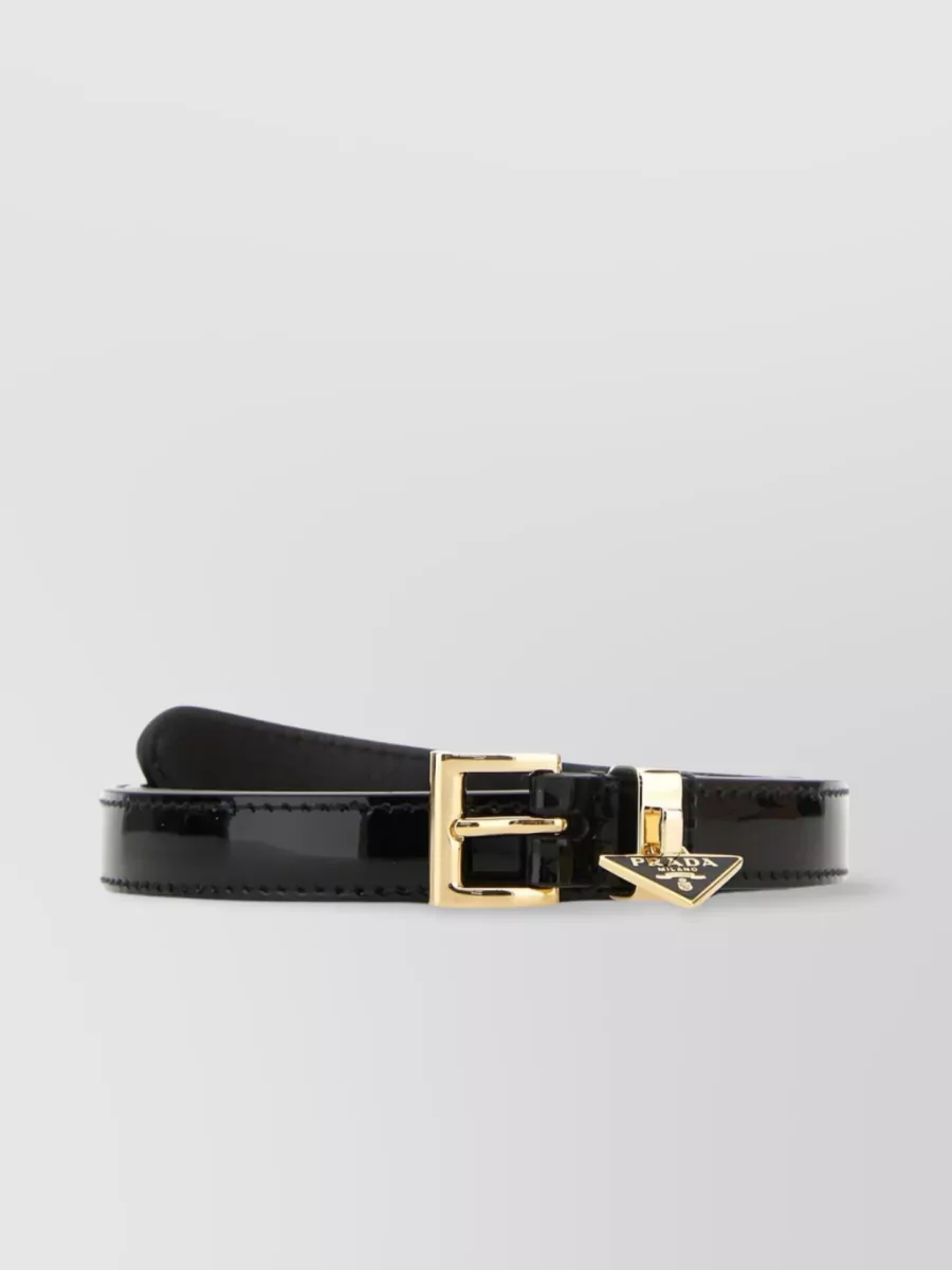 Prada Adjustable Patent Leather Belt With Gold-tone Buckle In Black