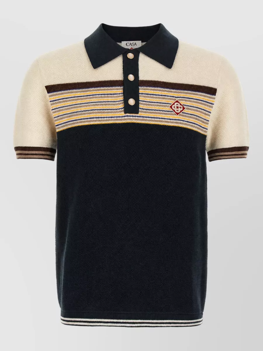 Casablanca cotton wool fine-knit striped short-sleeve polo shirt
