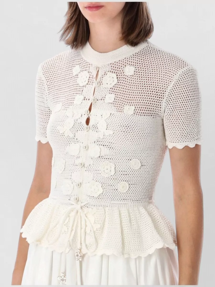 Self-Portrait Cotton Crochet Floral-Appliqué Peplum Blouse