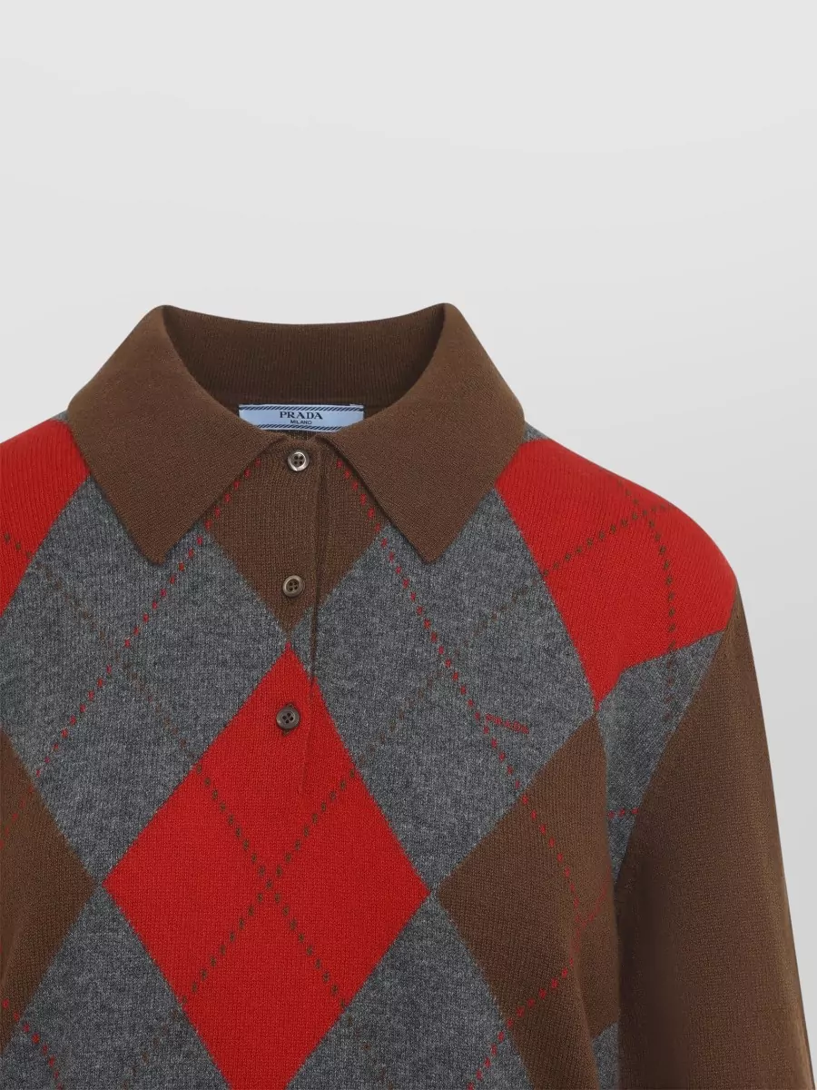 Prada Cashmere Fine-Knit Argyle Polo Sweater