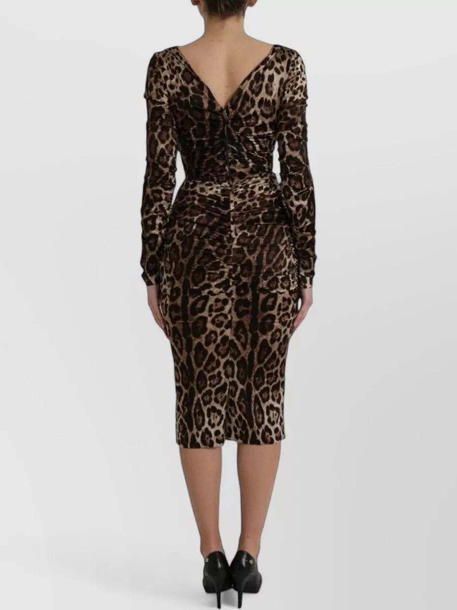 Dolce&Gabbana Silk Leopard-Print V-Neck Long-Sleeve Midi Dress