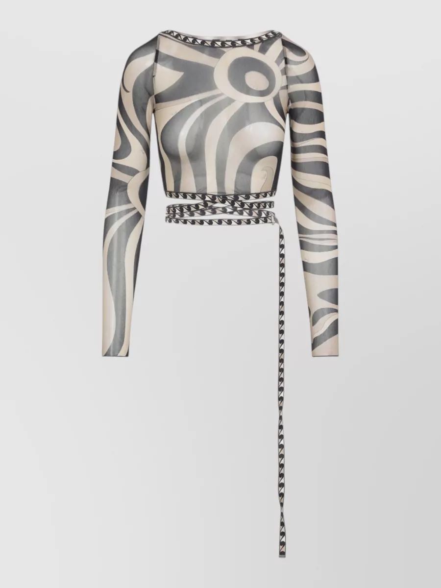 Pucci Printed Tulle Long-Sleeve Crop Top