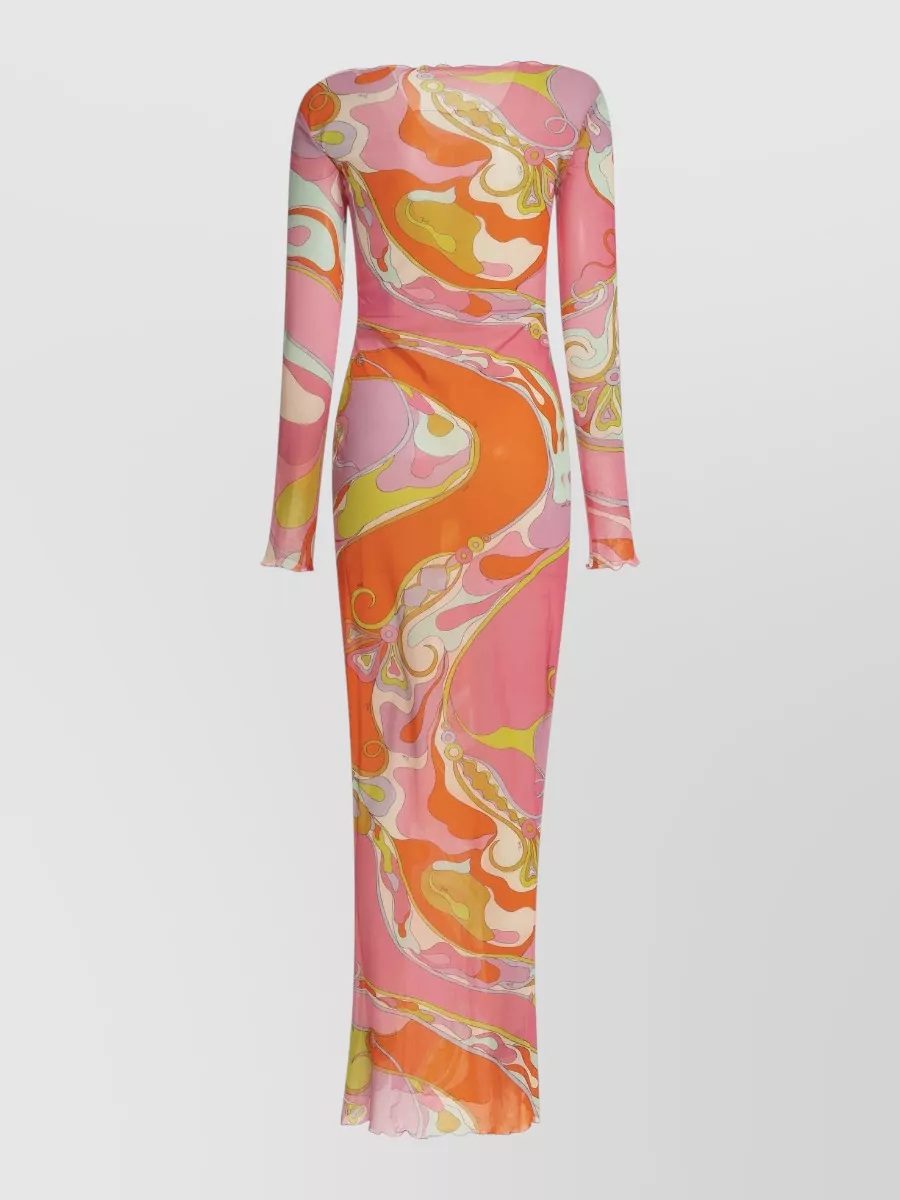 Pucci Printed Tulle Long-Sleeve Boat Neck Maxi Dress