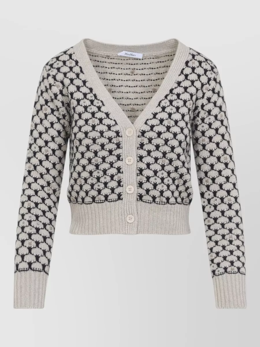 Max Mara Wool Cashmere Ribbed Cropped V-Neck Cardigan