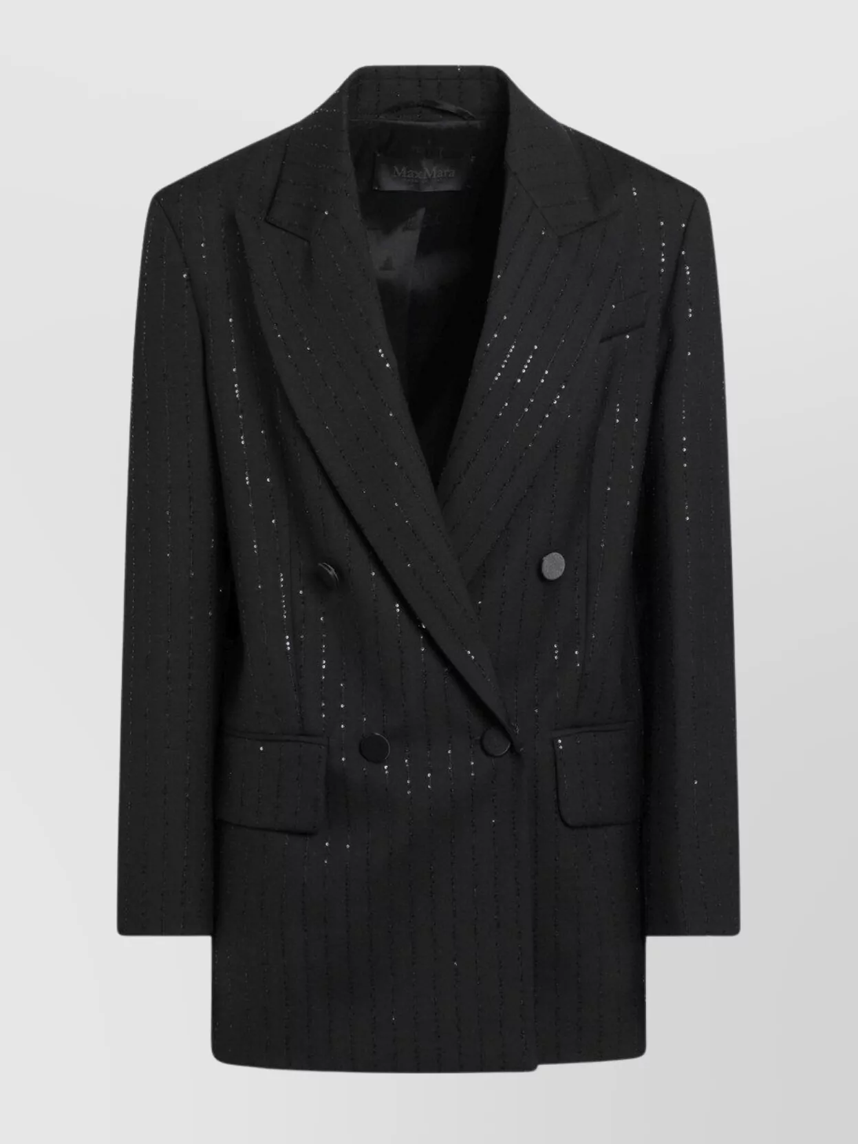 Max Mara Double-breasted Coat With Notched Lapels And Sequins In Black