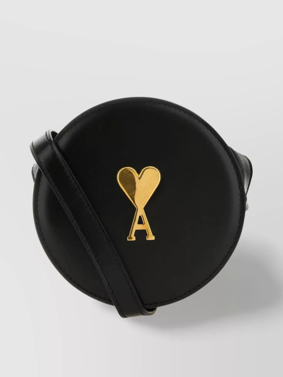 Shop Ami Alexandre Mattiussi Leather Circle Bag With Adjustable Strap And Gold Hardware In Black