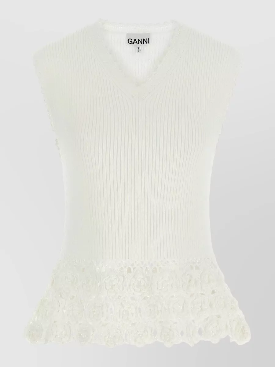 Ganni ribbed v-neck cotton crochet vest