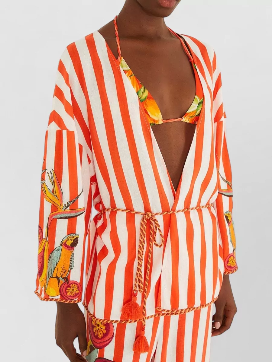 Farm Rio Striped Linen V-Neck Beach Cover-Up Blouse
