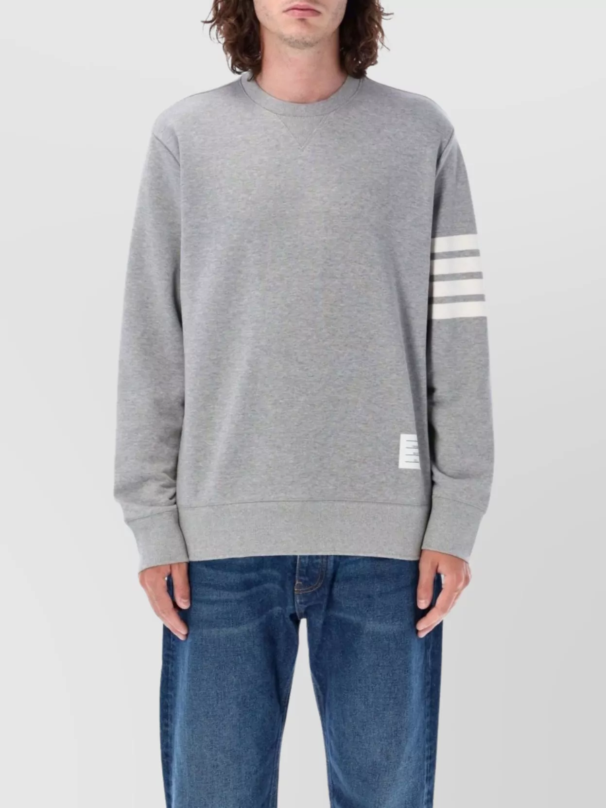 Thom Browne Crew Neck Sweater With Striped Detail And Ribbed Cuffs