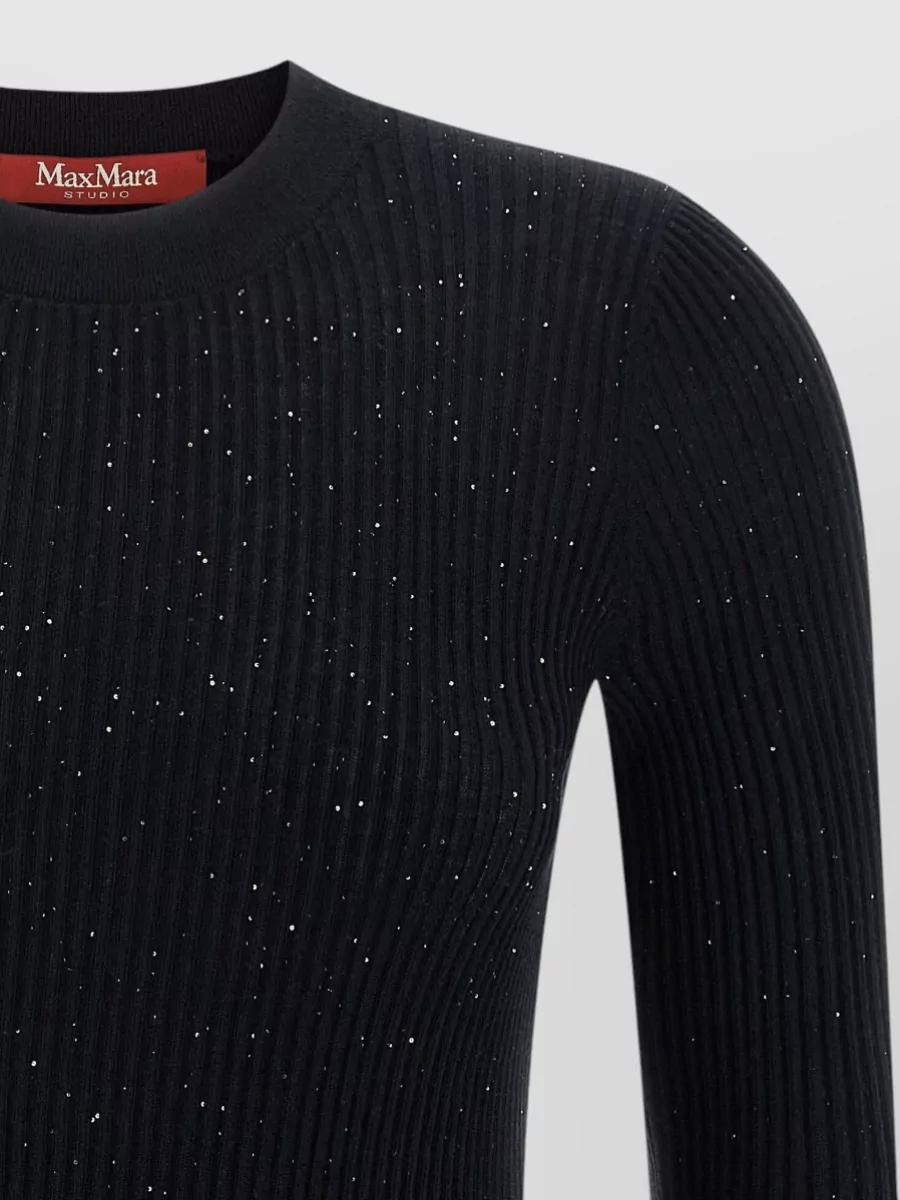 S Max Mara Silk Wool Ribbed Crew Neck Long Sleeve Sweater
