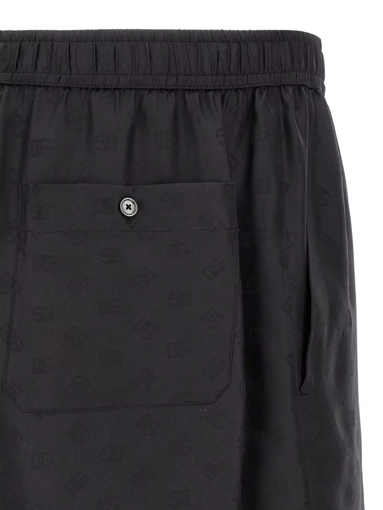 Dolce & Gabbana Black Bermuda Pants With Drawstring Elastic Waist And Maxi Print In Silk Man