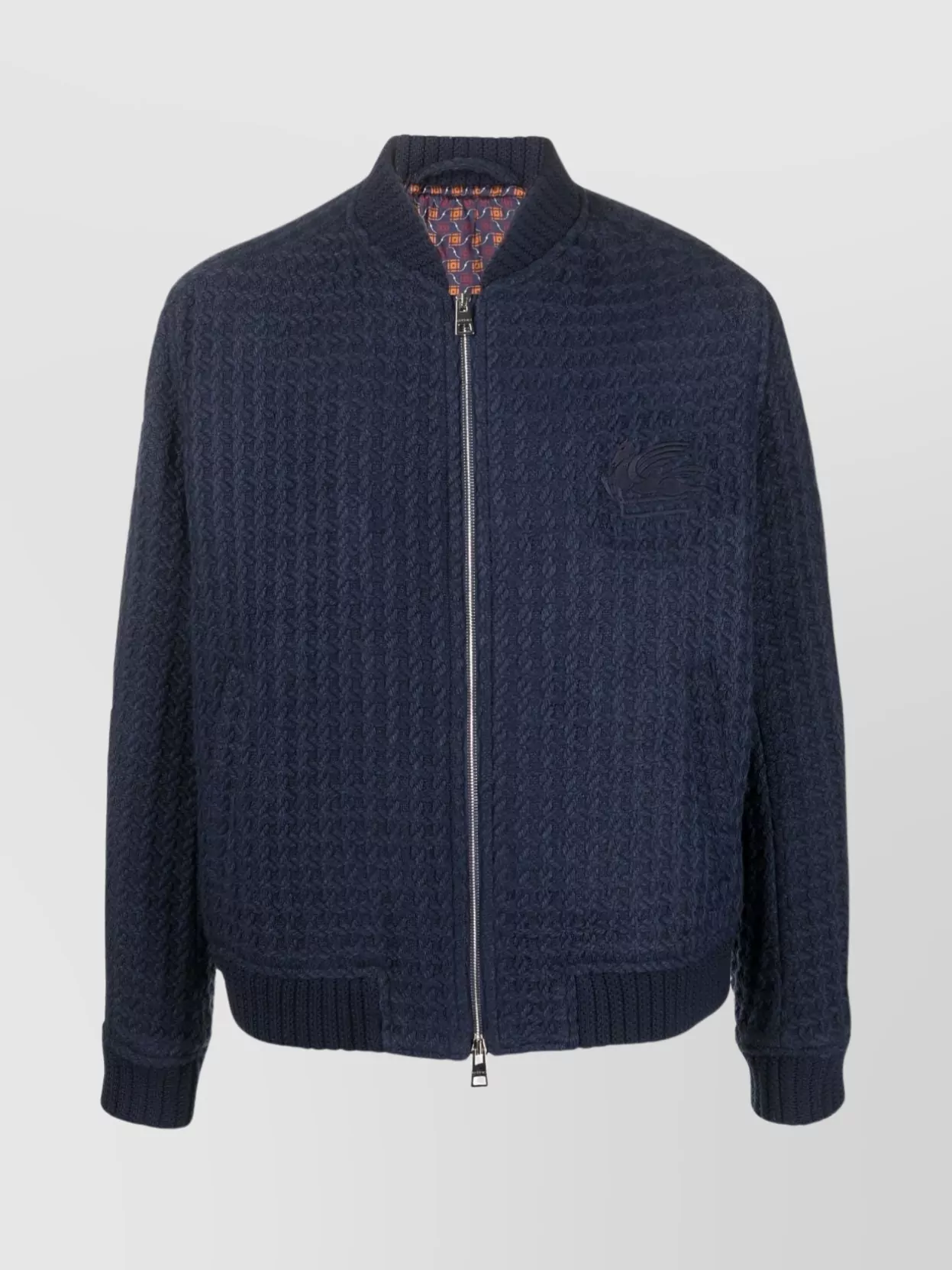 Shop Etro Ribbed Intarsia Logo Bomber With Textured Pattern In Blue