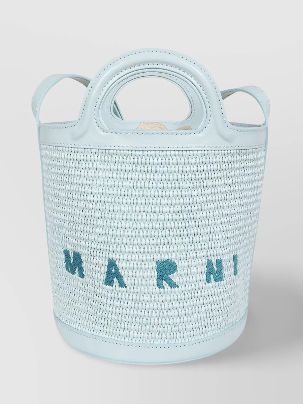 Shop Marni Tropicalia Mini Bucket In Raffia And Leather In Blue