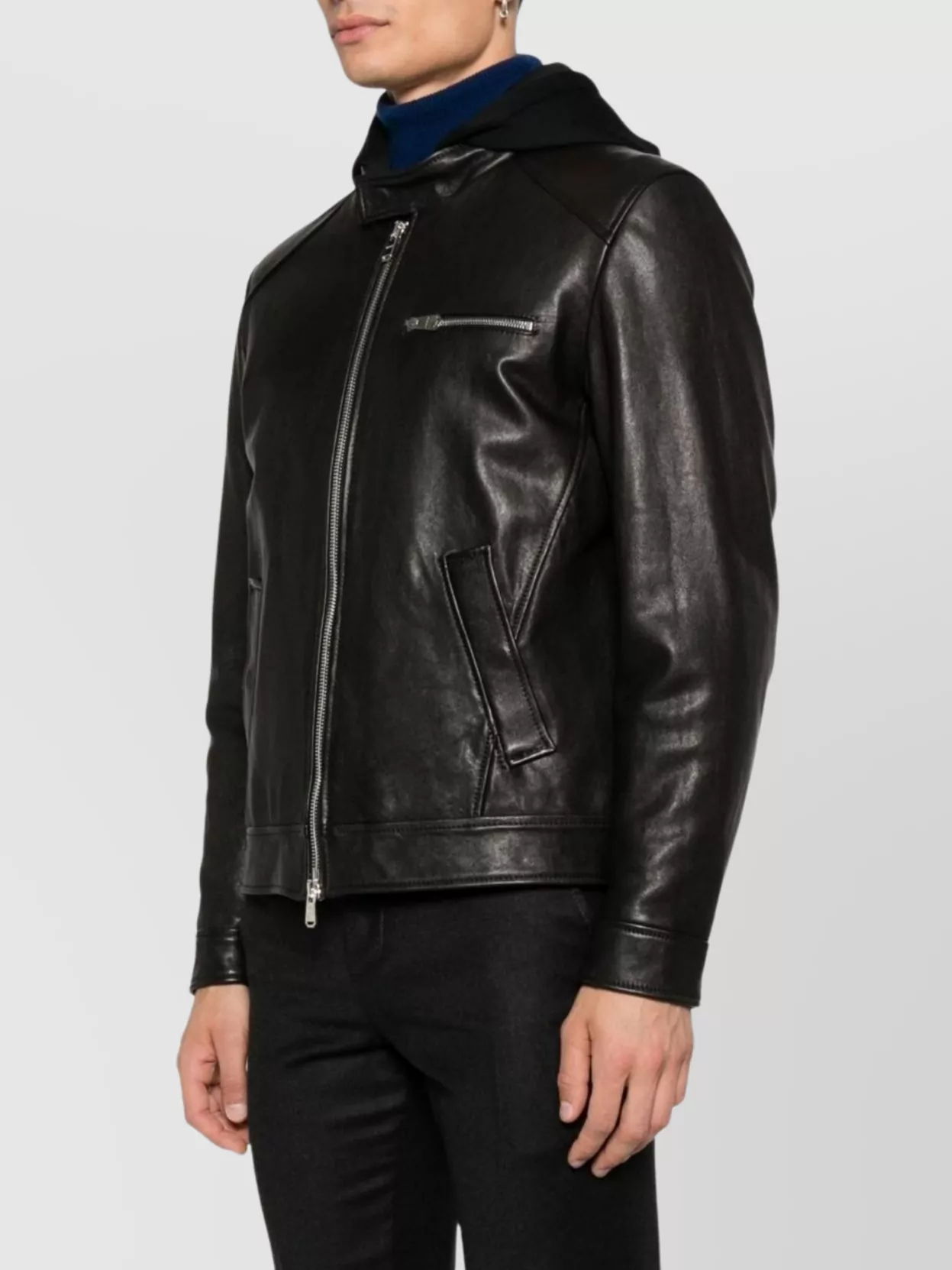 Dondup Hooded Leather Jacket Featuring Long Sleeves