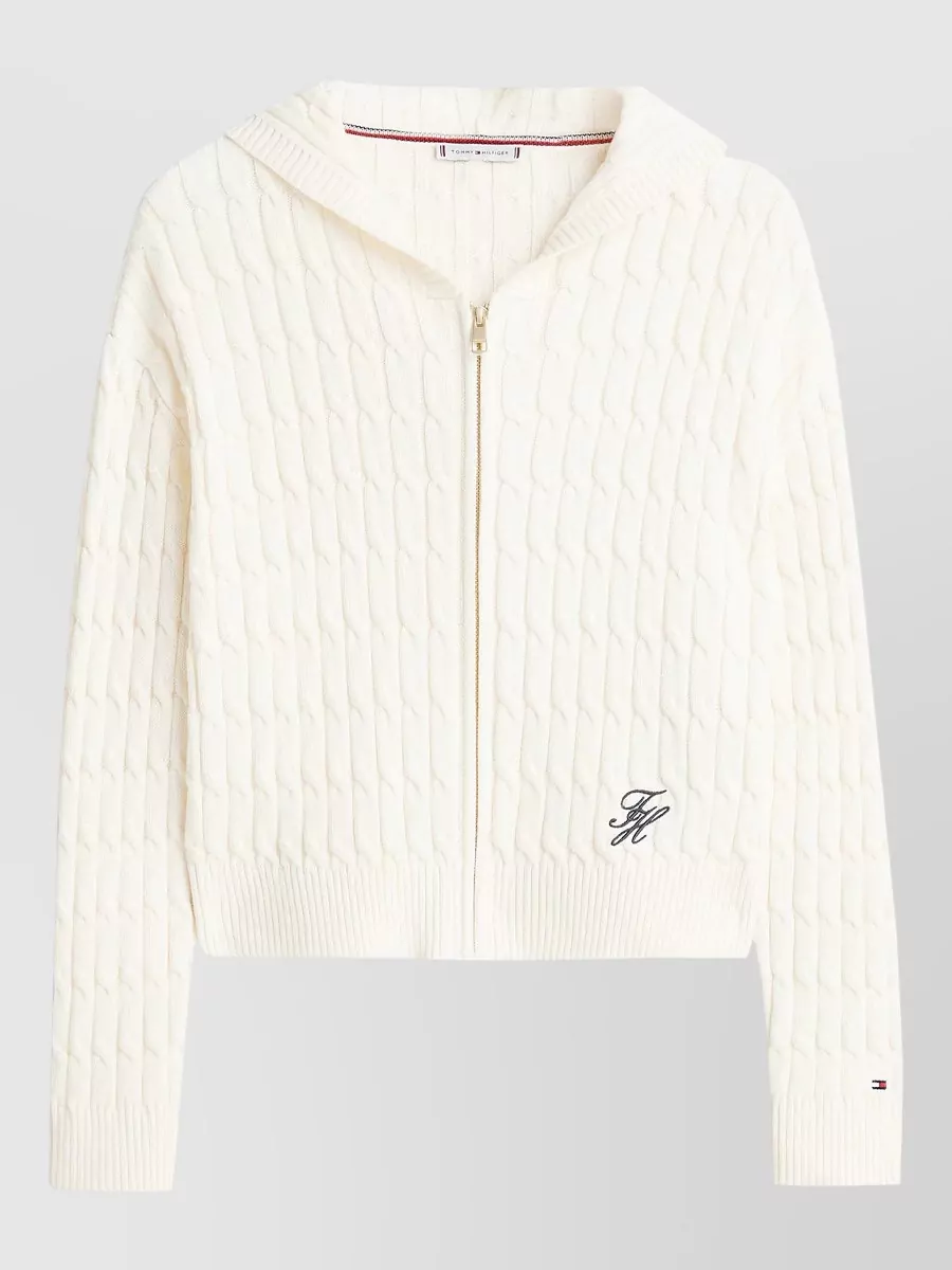 Tommy Hilfiger Cable Knit Hooded Zip Cardigan Long Sleeves In Pink
