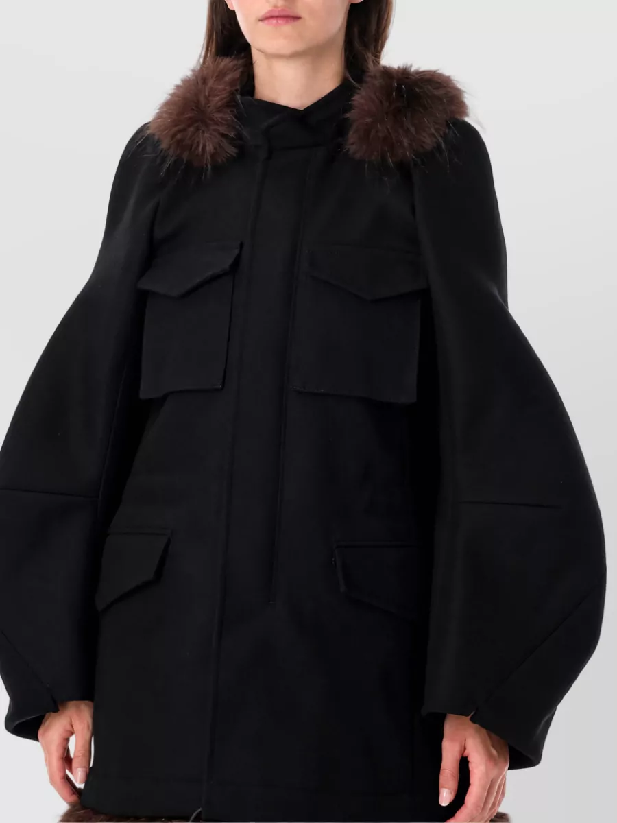 Sacai Wool Faux Fur Trim Oversized Coat