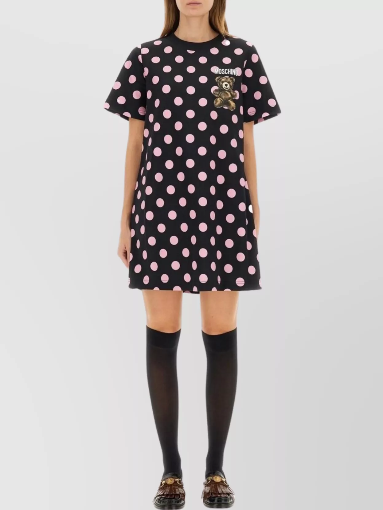 Moschino Graphic Print Polka Dot Short Sleeve Dress In Black