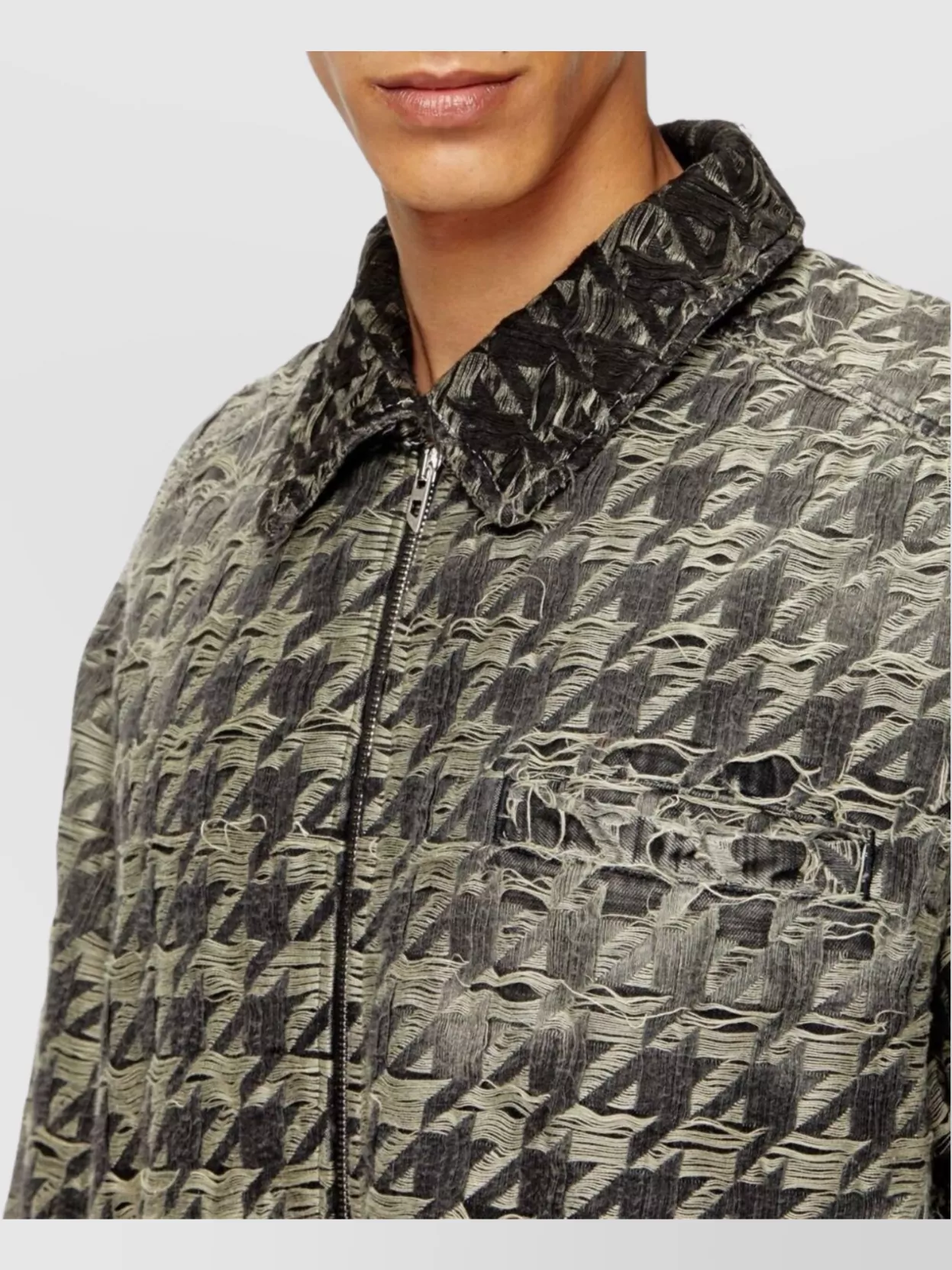 Diesel Houndstooth Blazer With Frayed Edges And Pocket In Black