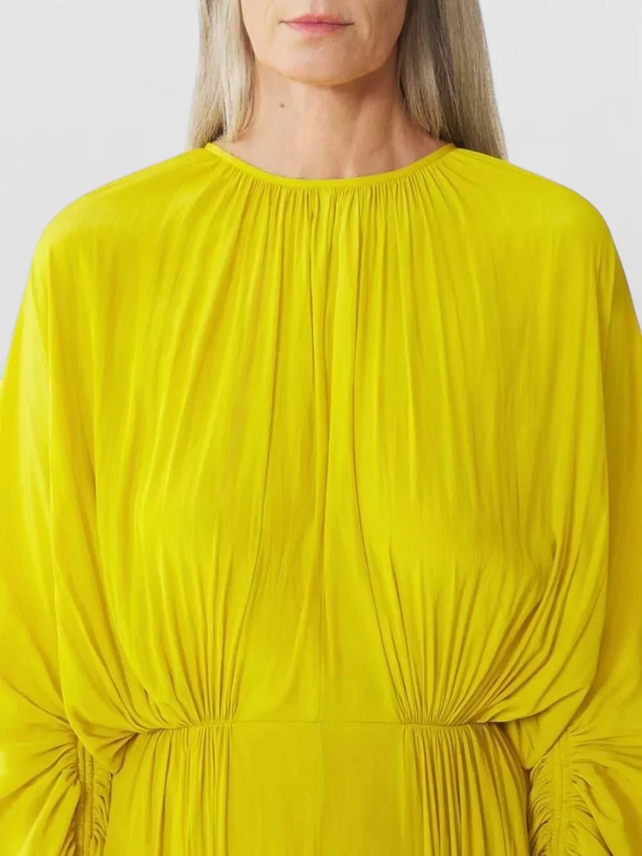 Lanvin Draped Gathered Long-Sleeve Crew-Neck Midi Dress