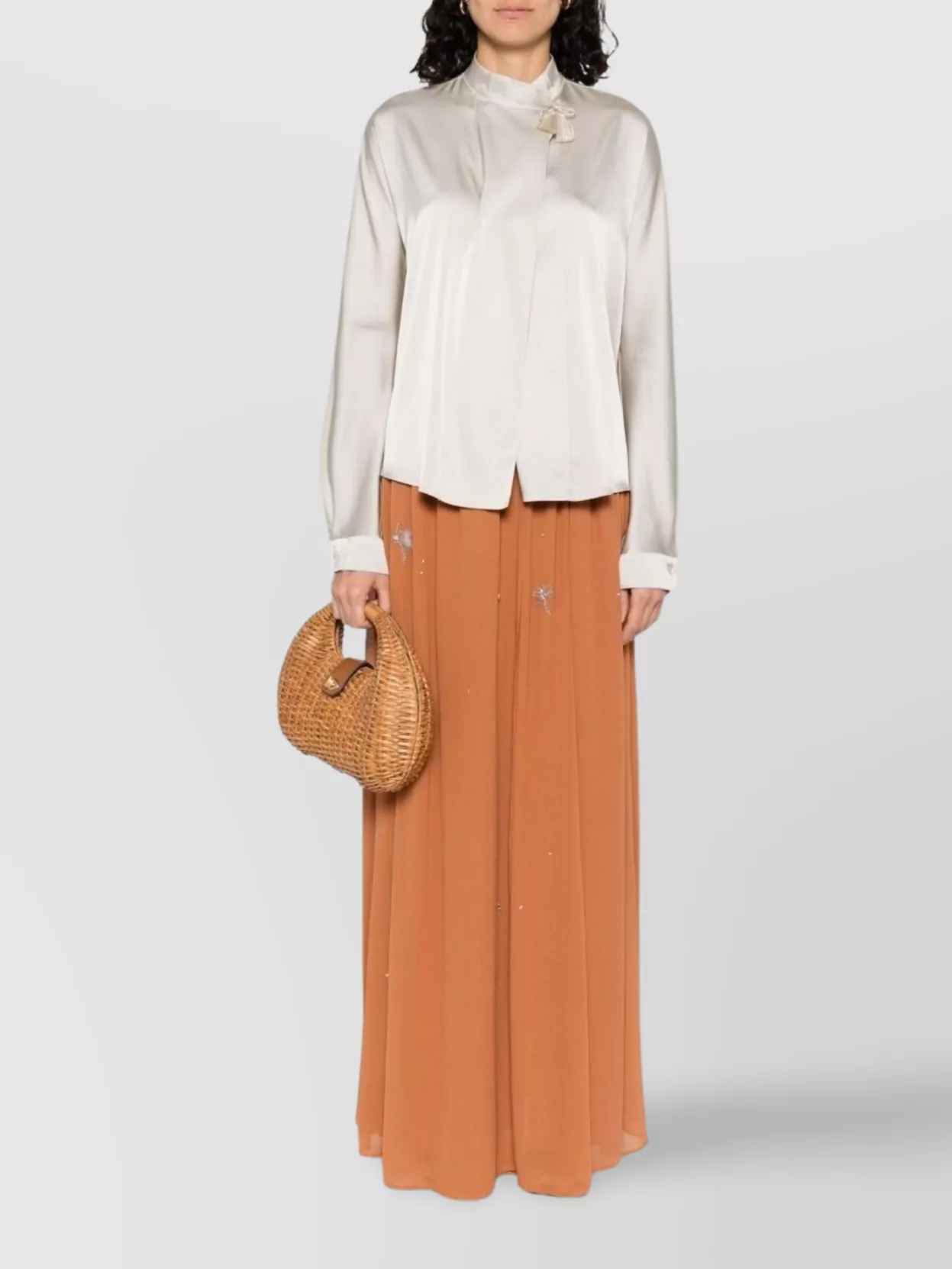 Forte Forte Long Sleeve Satin Blouse With Tassel Detail In Neutral