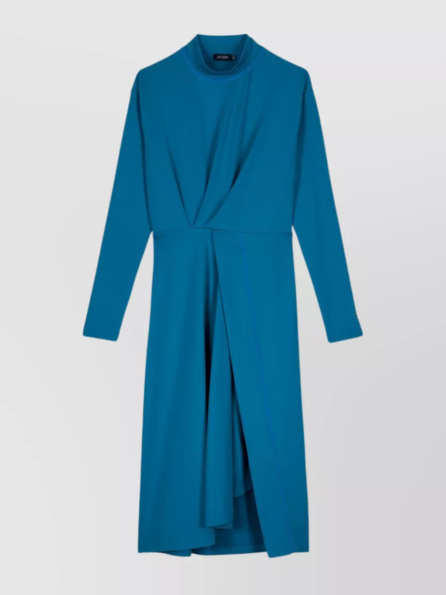 Shop Atlein Gathered Front Midi Dress In Blue