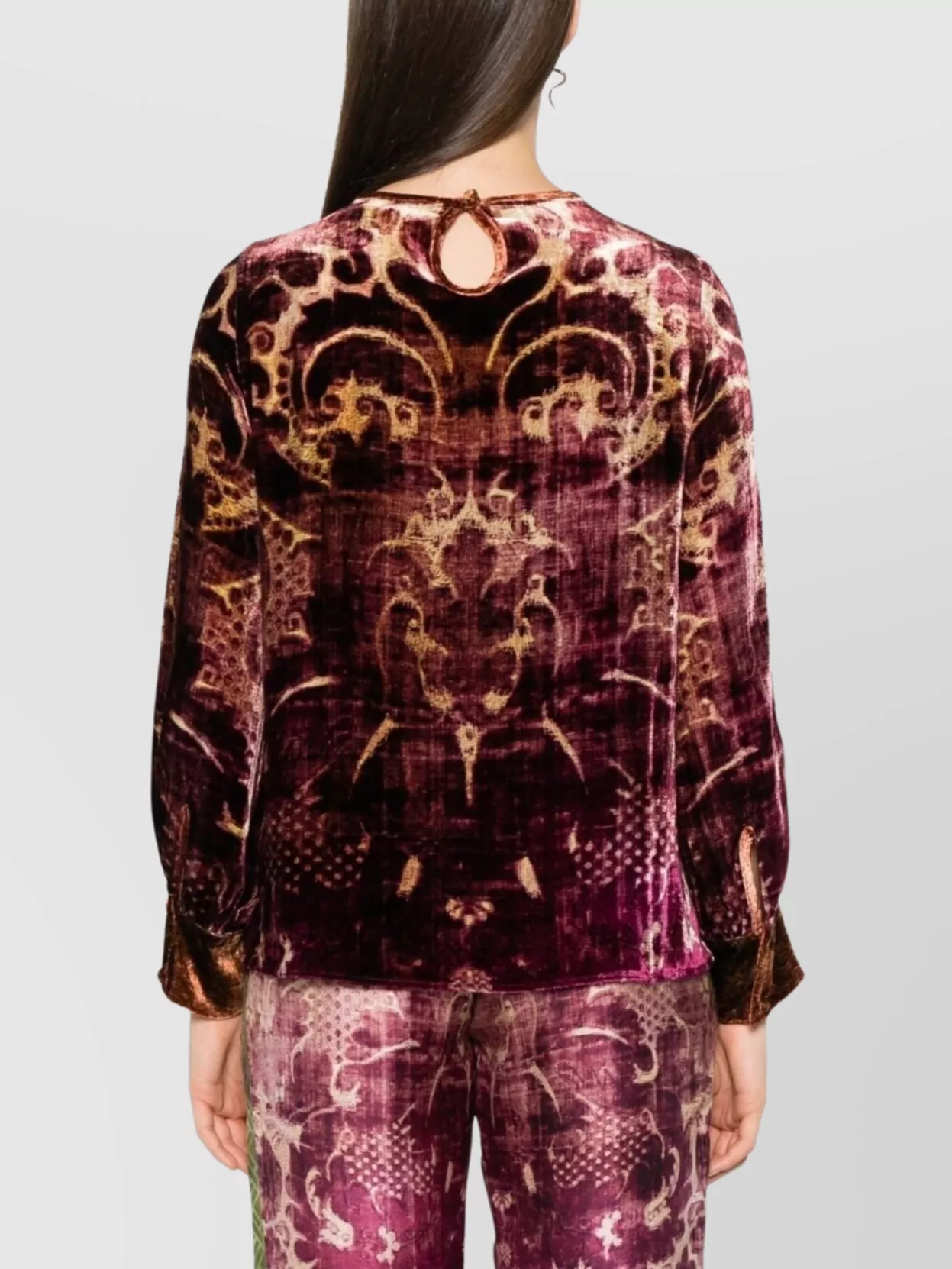 Pierre Louise Mascia Velvet Printed Long Sleeve Top With Buttoned Cuffs