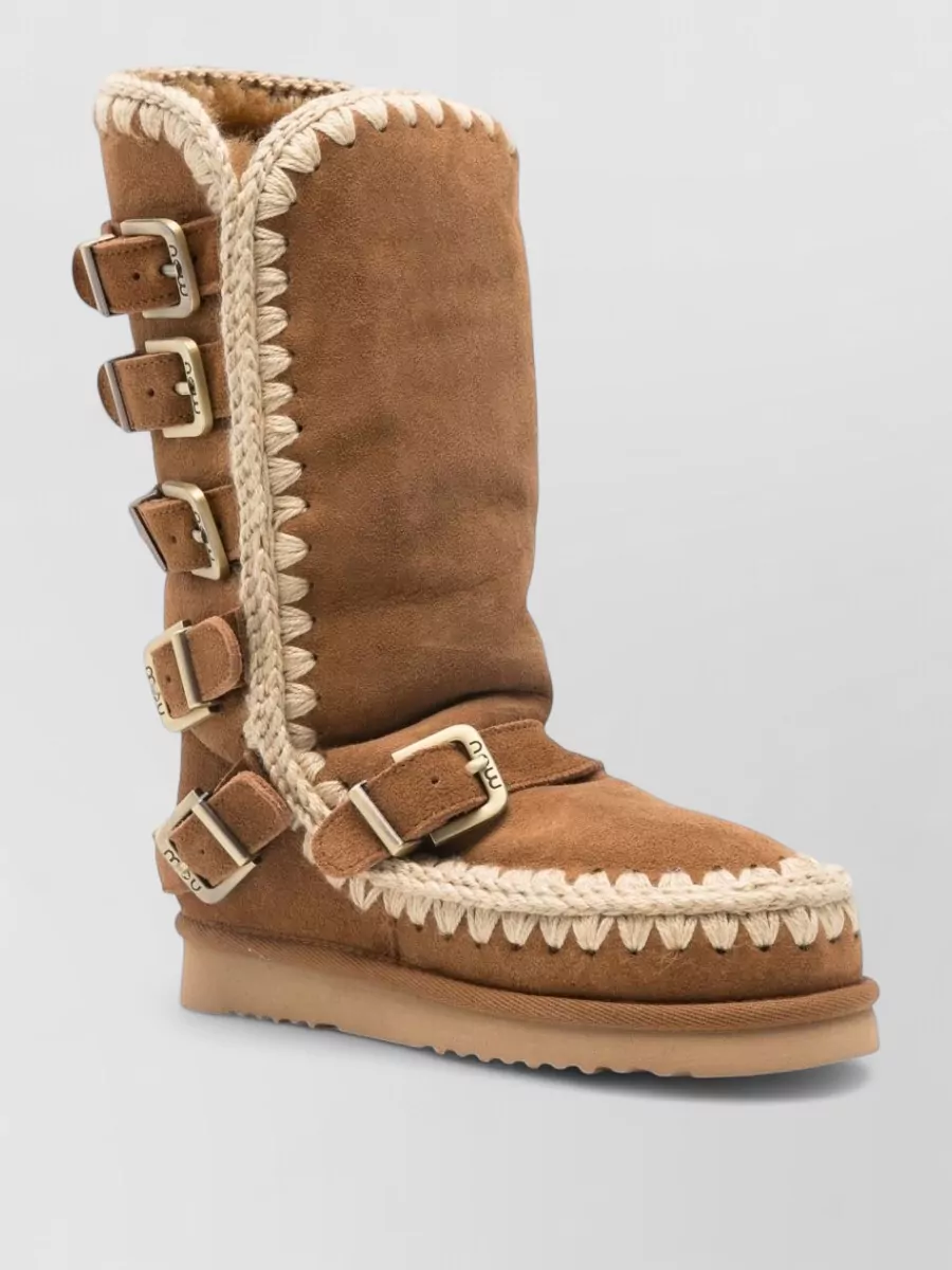 Mou Sheepskin crochet-trim buckle-strap boots