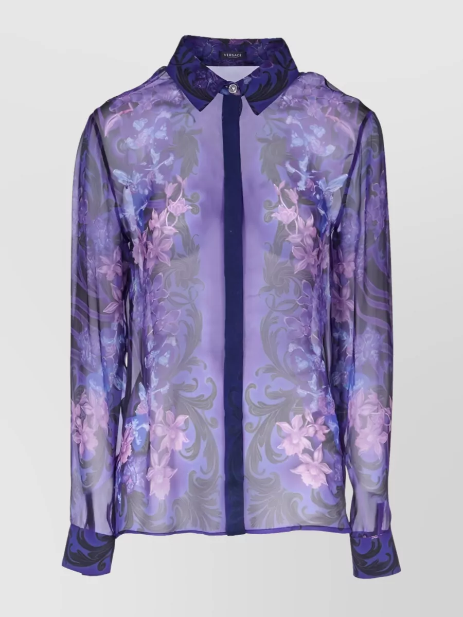 Shop Versace Floral Print Silk Blouse In Purple