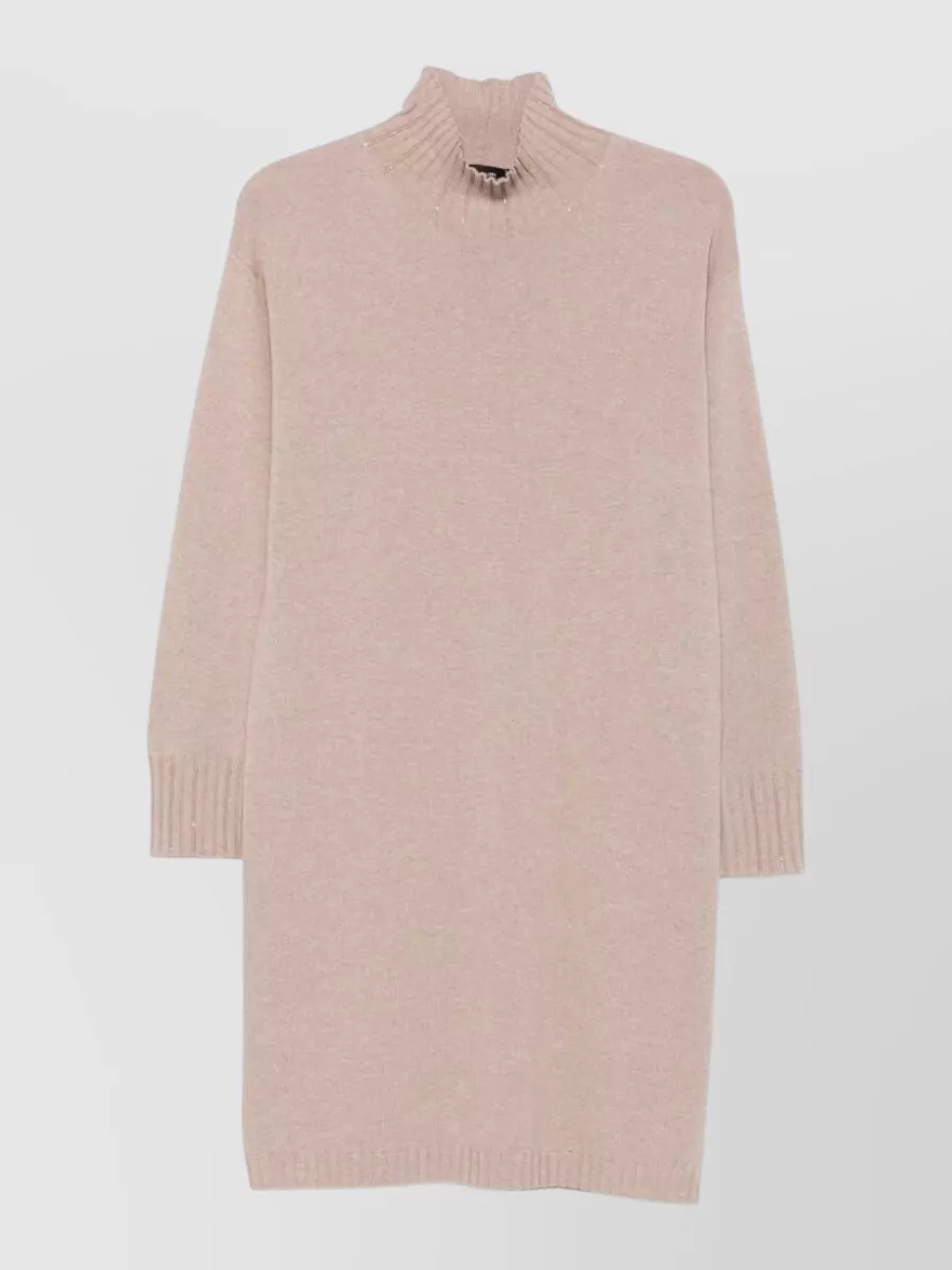 Fabiana Filippi Knee-length dress — The soft beige sweater dress mirrors the slides’ cozy minimalism and FW mood, creating a tonal, lounge-leaning base that feels coherent with flat faux-fur footwear.