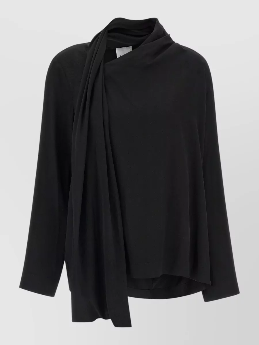 Nude draped asymmetric long-sleeve blouse
