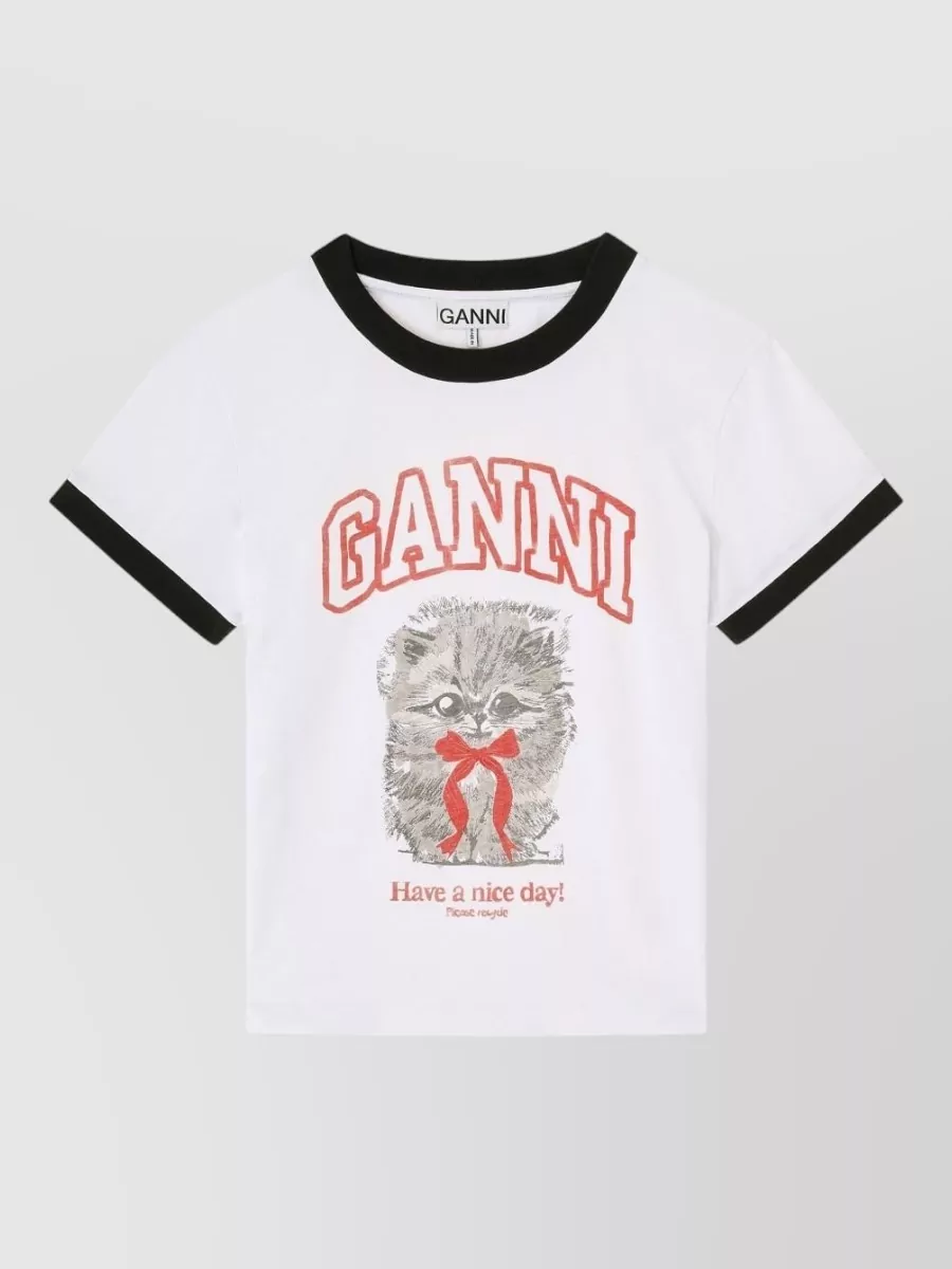 Ganni Graphic Print Crew Neck Short Sleeve Top In Multi