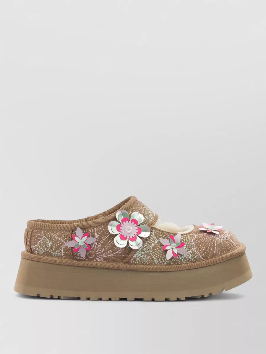 Ugg Suede Floral-Embroidered Platform Mary Jane Slippers
