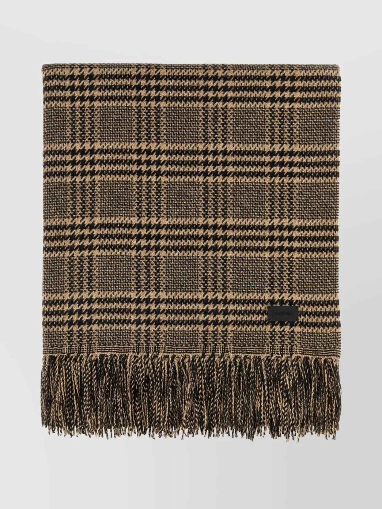 Saint Laurent Checkered Silk Blend Scarf With Fringe Trim In Brown
