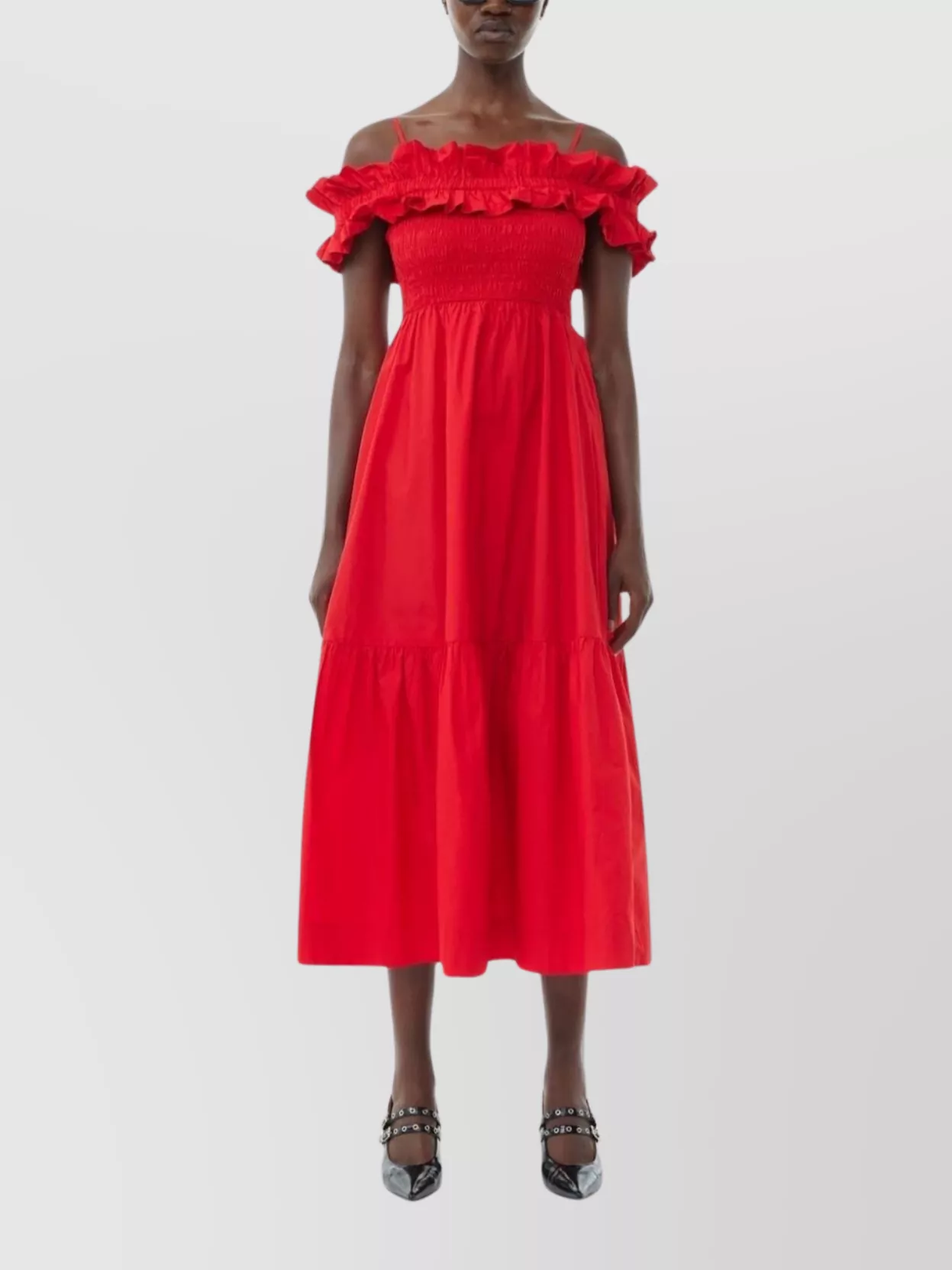 Ganni Long Cotton Dress Off-The-Shoulder Design