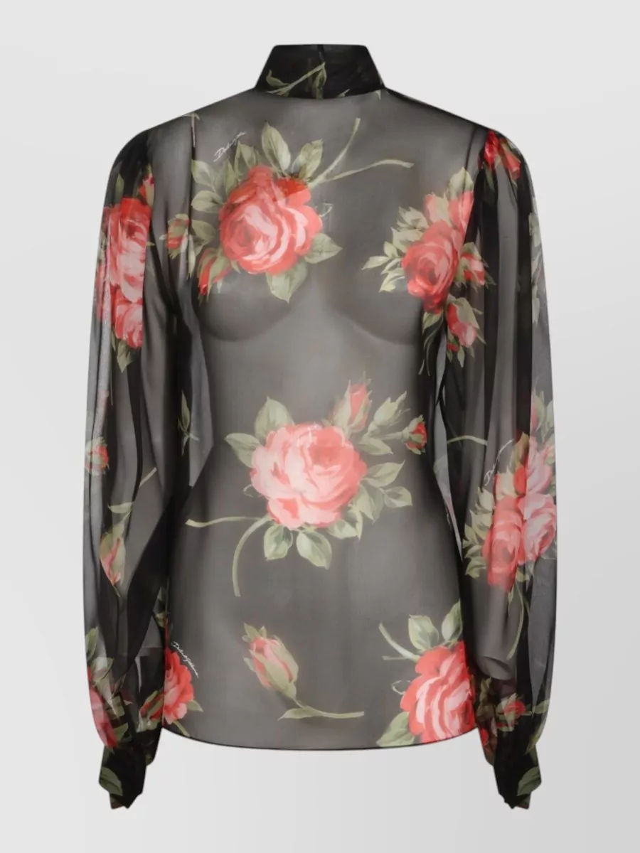 Dolce&Gabbana Silk Floral-Print Long-Sleeve Scarf-Neck Blouse