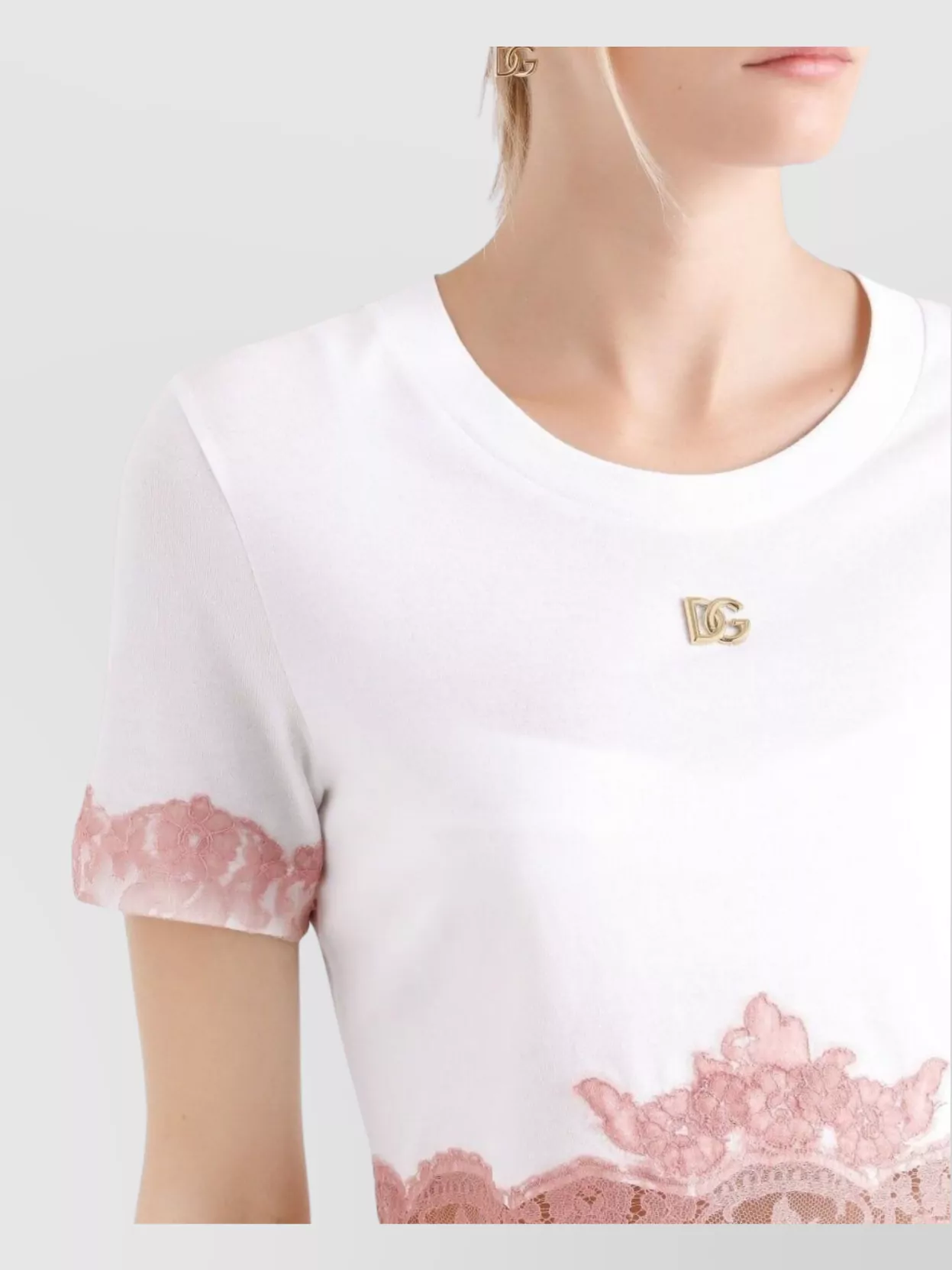 Dolce & Gabbana Cropped Jersey T-shirt With Dg Logo And Lace Inserts In White
