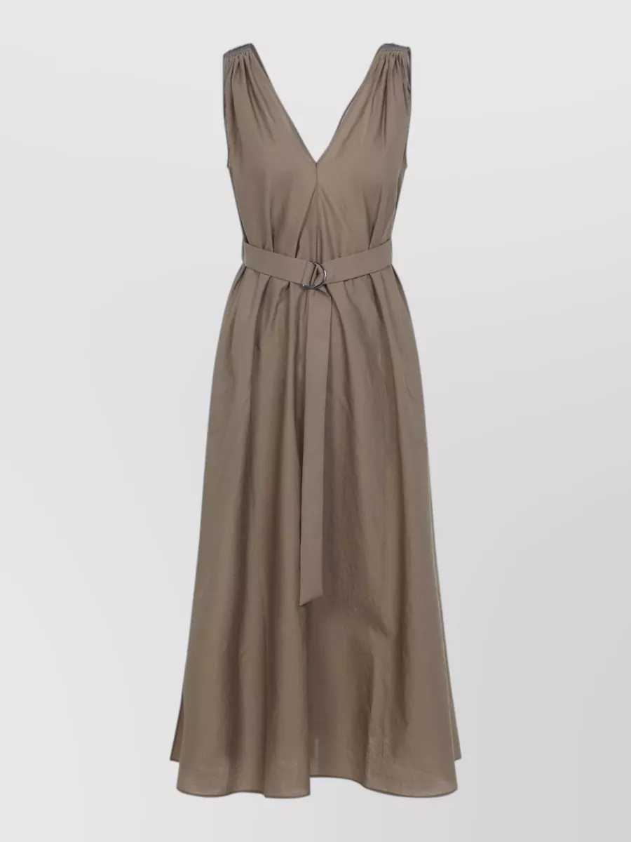 Brunello Cucinelli Cotton V-Neck Sleeveless Belted Flared Midi Dress