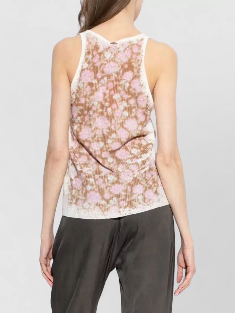 Diesel Linen Ribbed Sleeveless Floral V-Neck Knitted Top