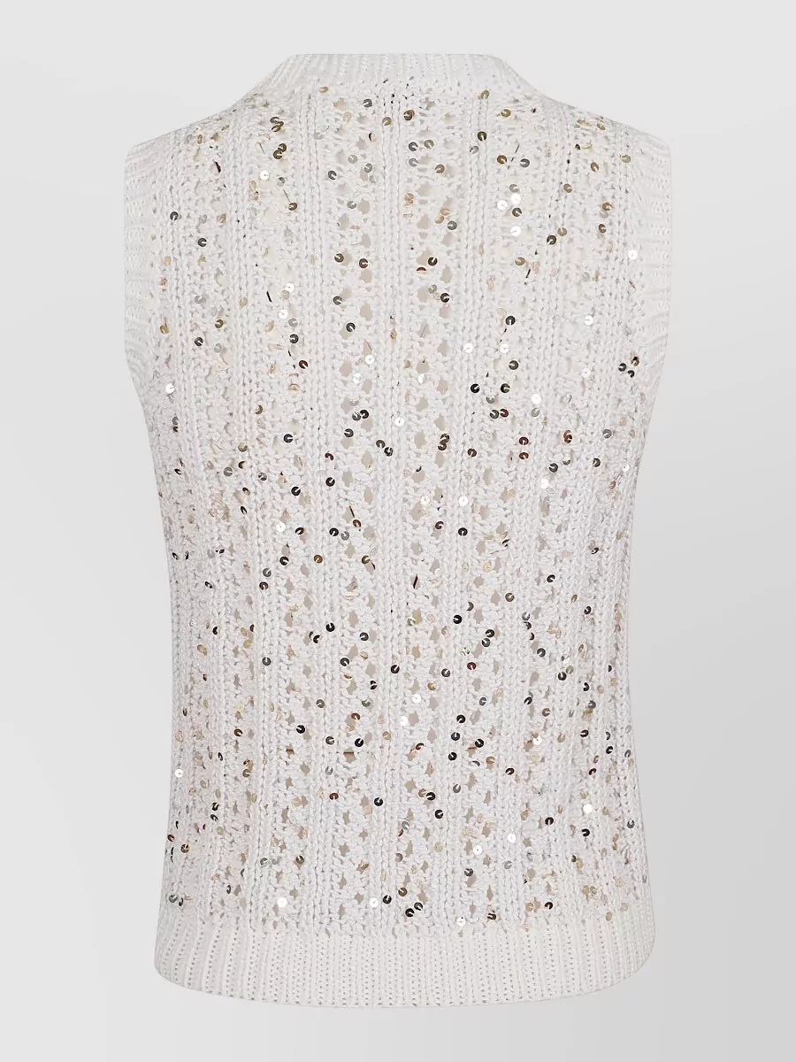 Peserico Cotton Crochet Openwork Sequined Sleeveless Top