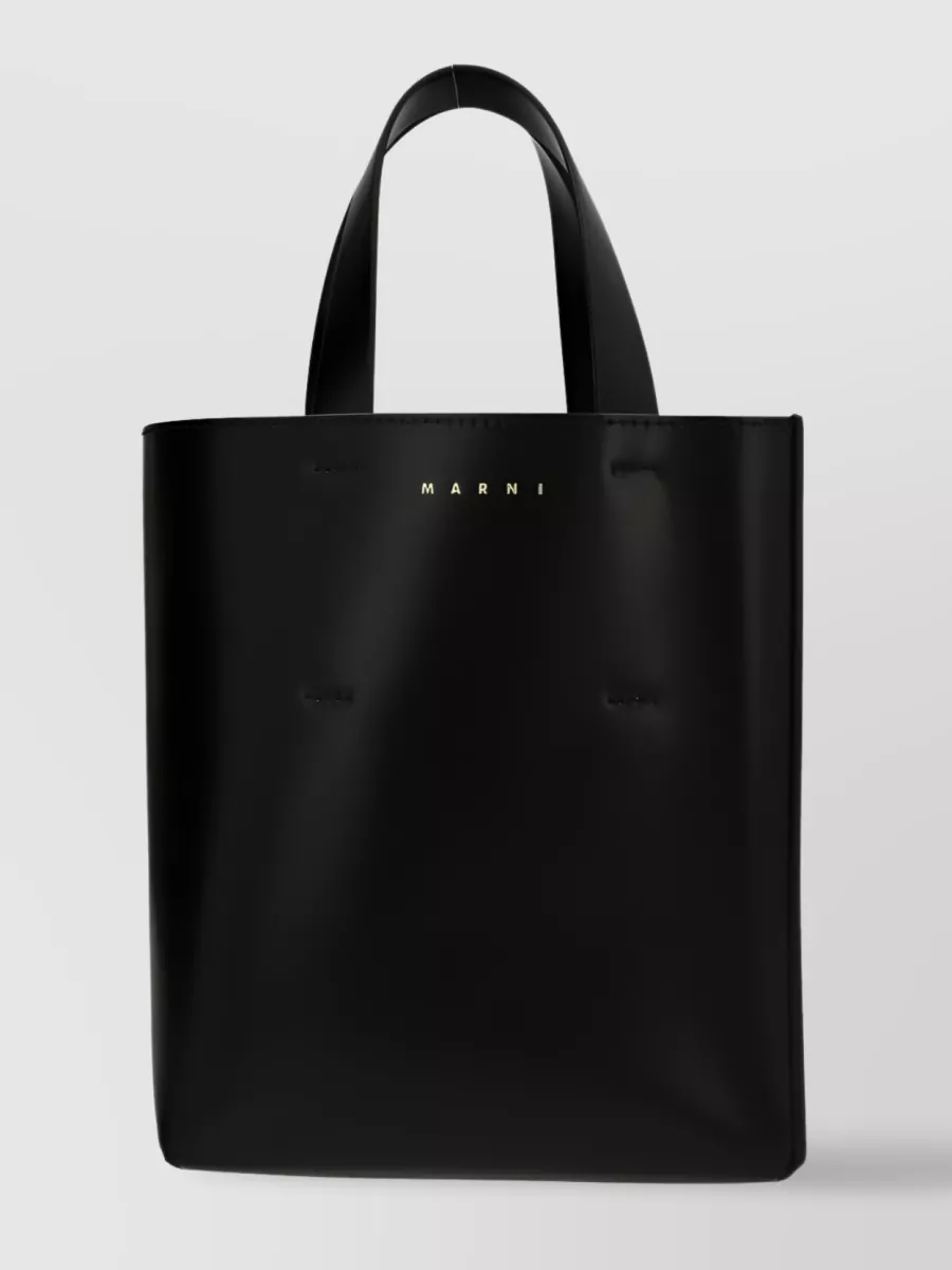 Shop Marni Gold Logo Leather Tote Bag In Black