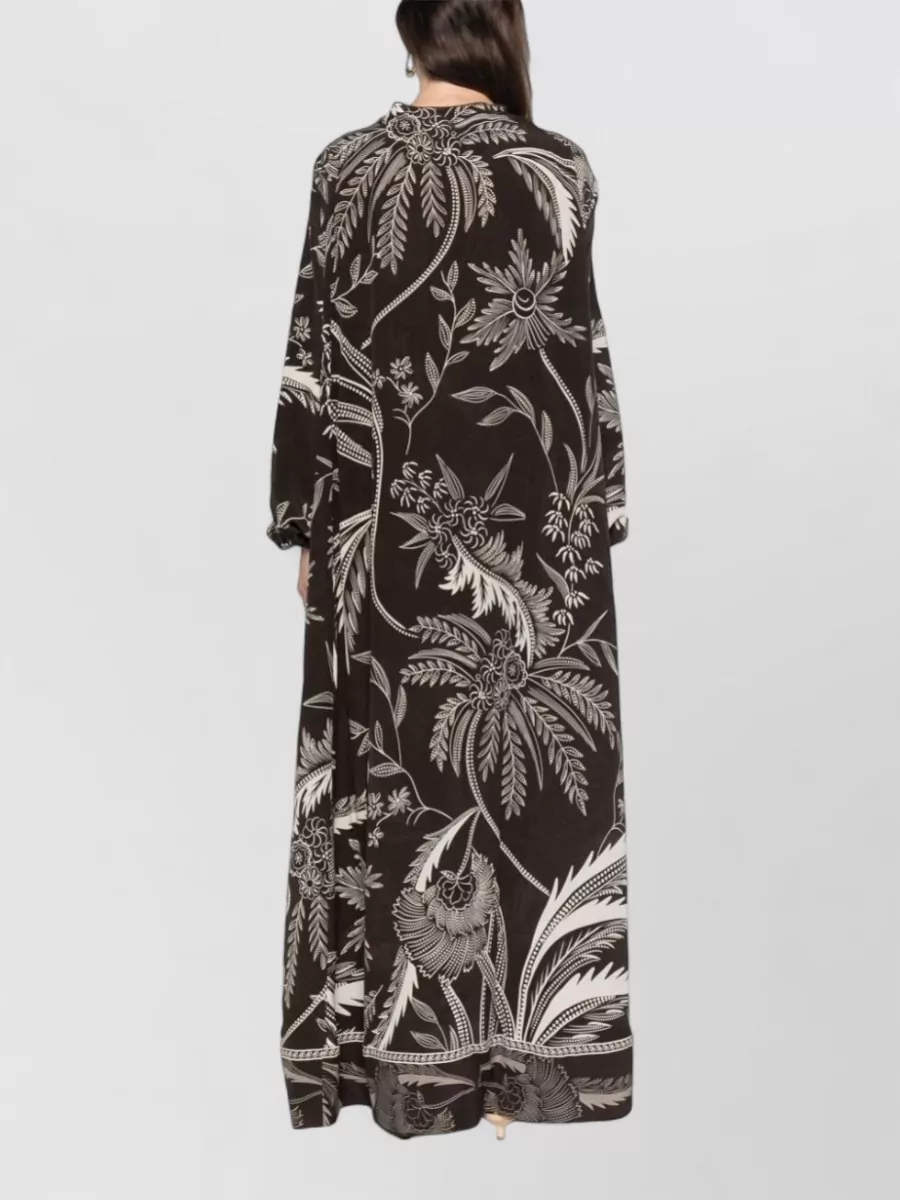 F.r.s For Restless Sleepers Silk Botanical-Print Crew-Neck Long-Sleeve Drawstring-Waist Flared Maxi Dress