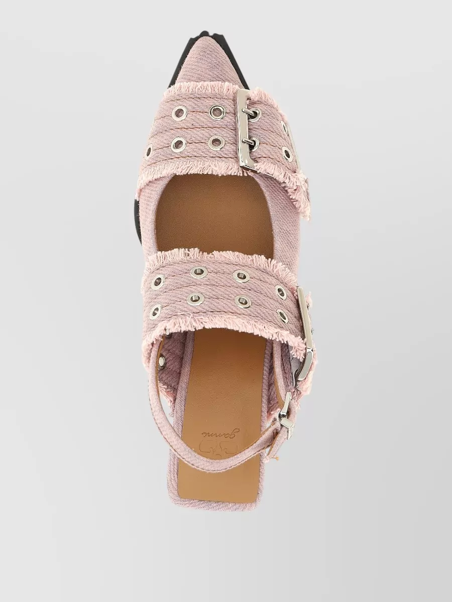 Ganni Buckle Fringe Denim Kitten Heel Slingback