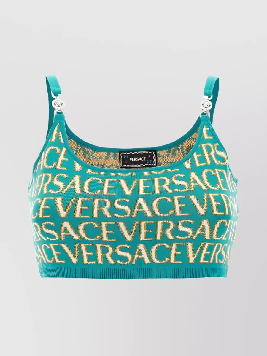Shop Versace Knit Logo Cropped Top In Cyan