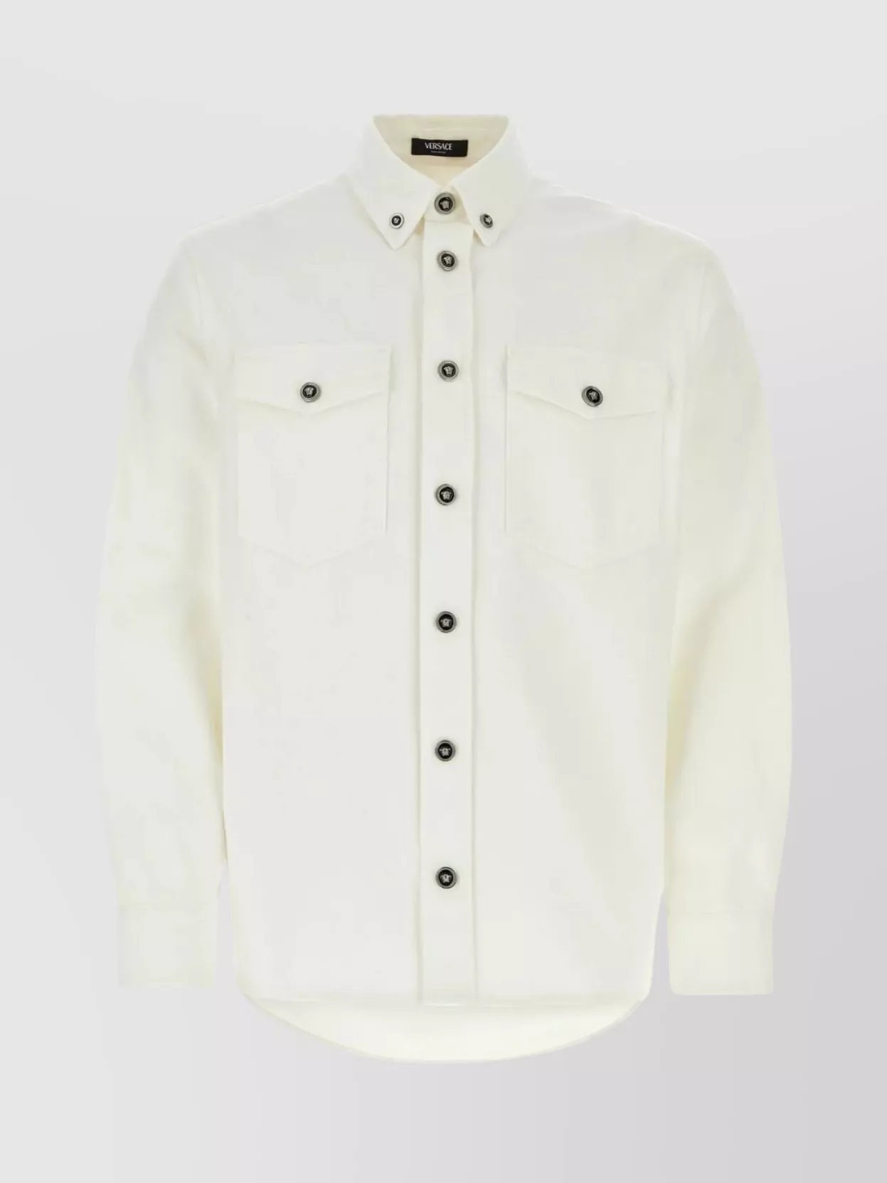 Shop Versace Denim Shirt With Buttoned Collar And Chest Pockets In Beige