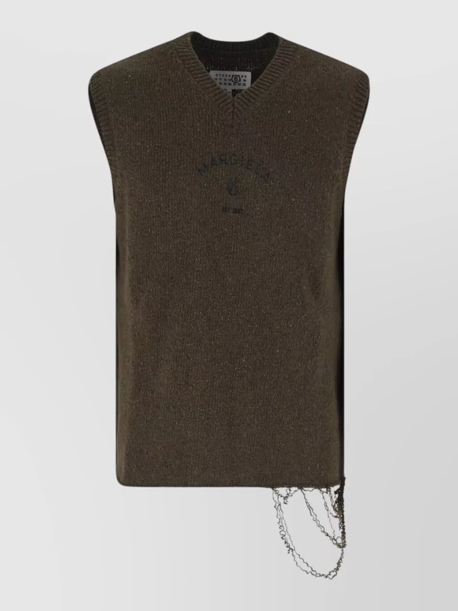 Mm6 Maison Margiela logo print wool blend v-neck sleeveless jumper
