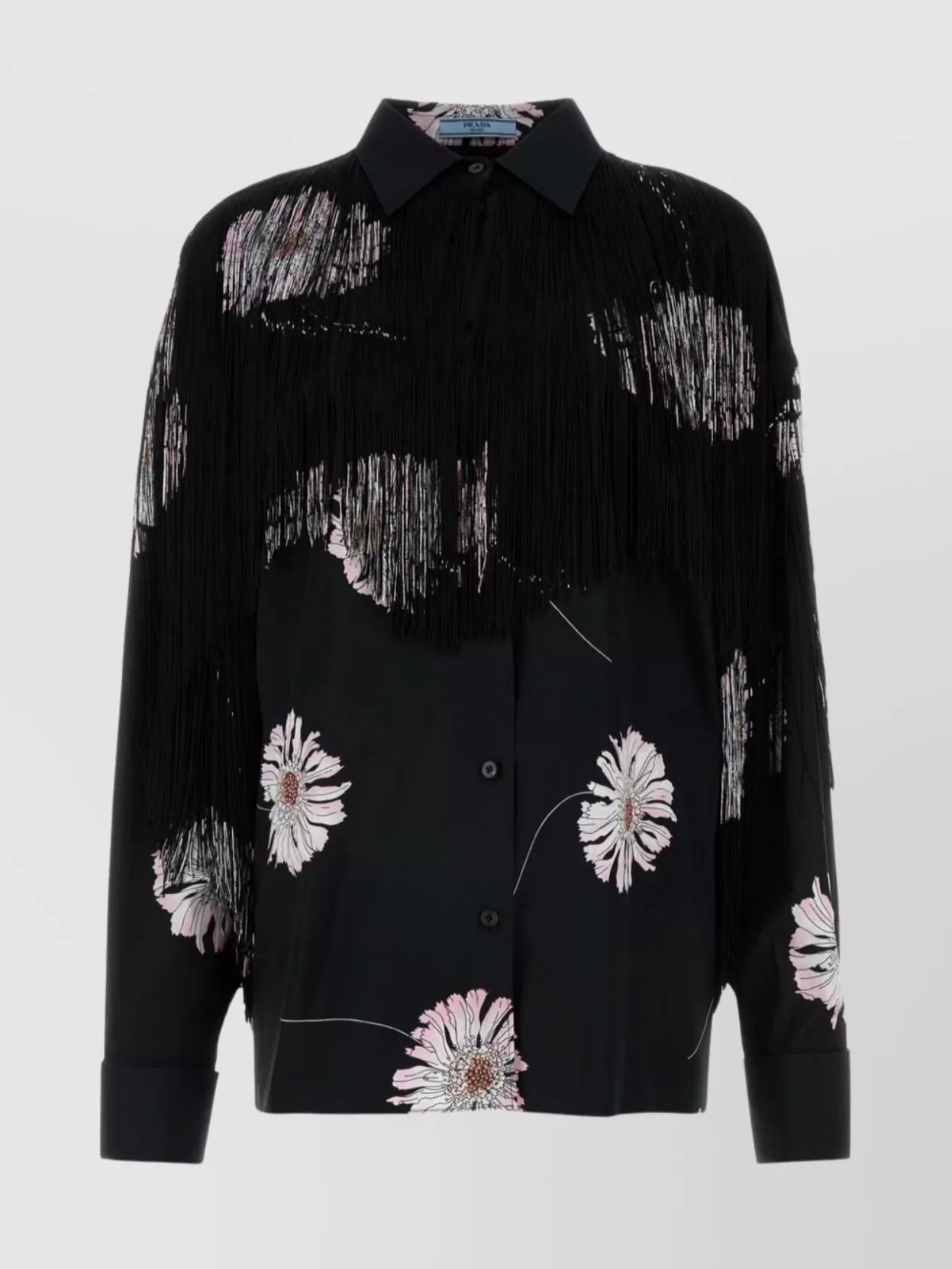Prada Poplin Shirt With Floral Print And Fringe Detailing In Black