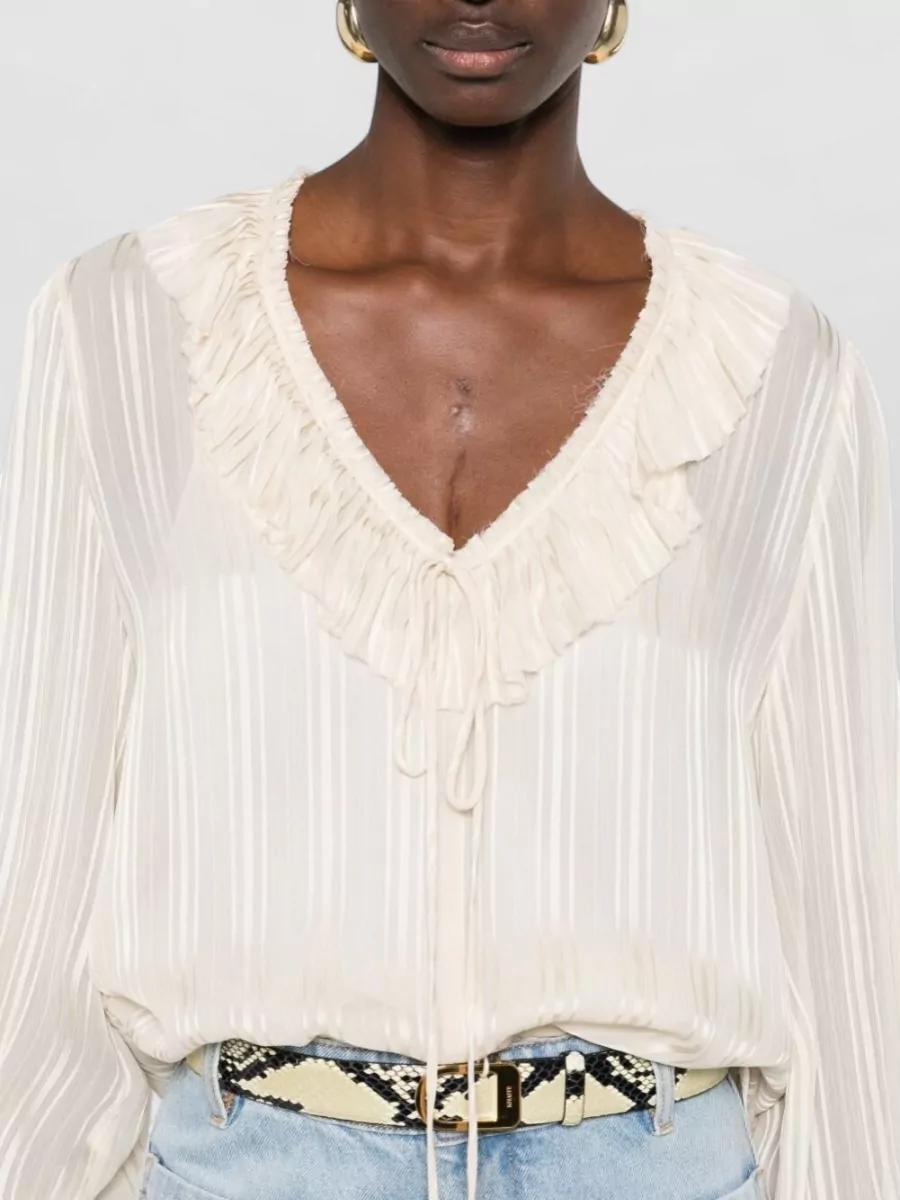 Pinko Striped Blouse Nylon Silk Sheer Tie Neckline