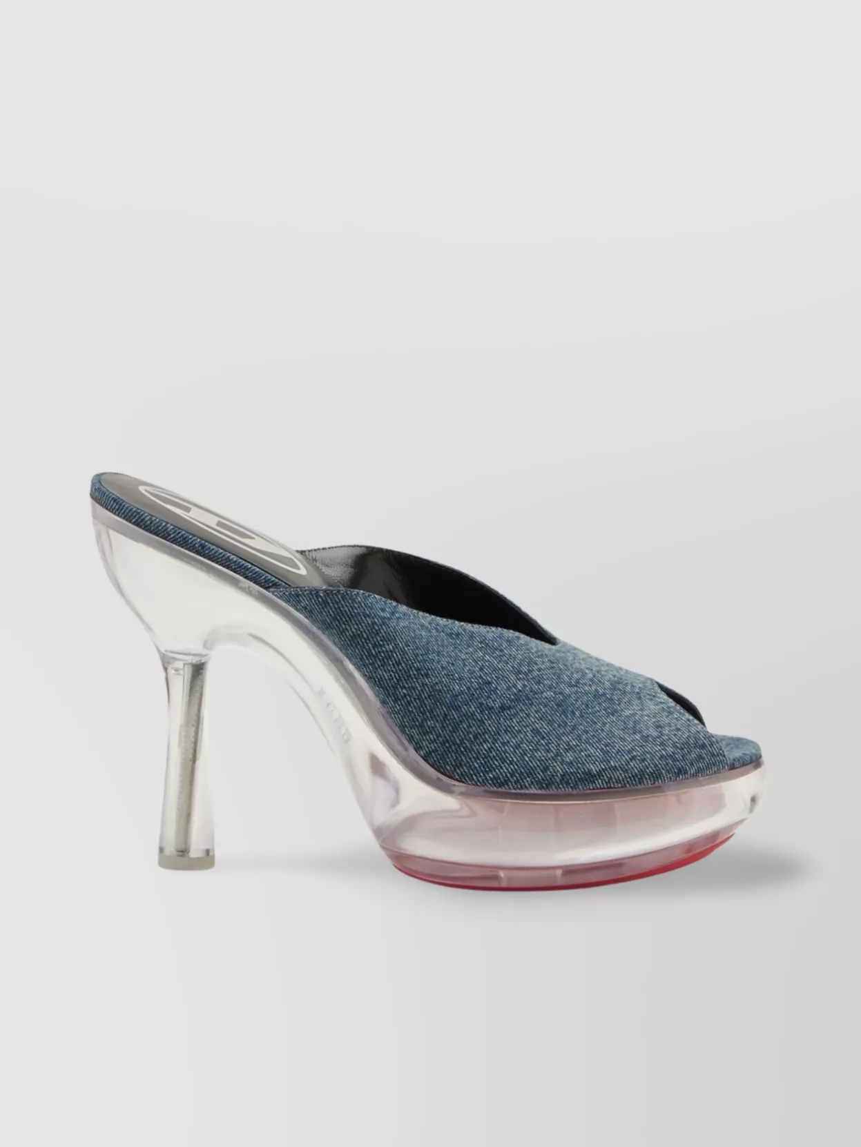 Diesel Denim Peep Toe Platform Mules With Transparent Heel