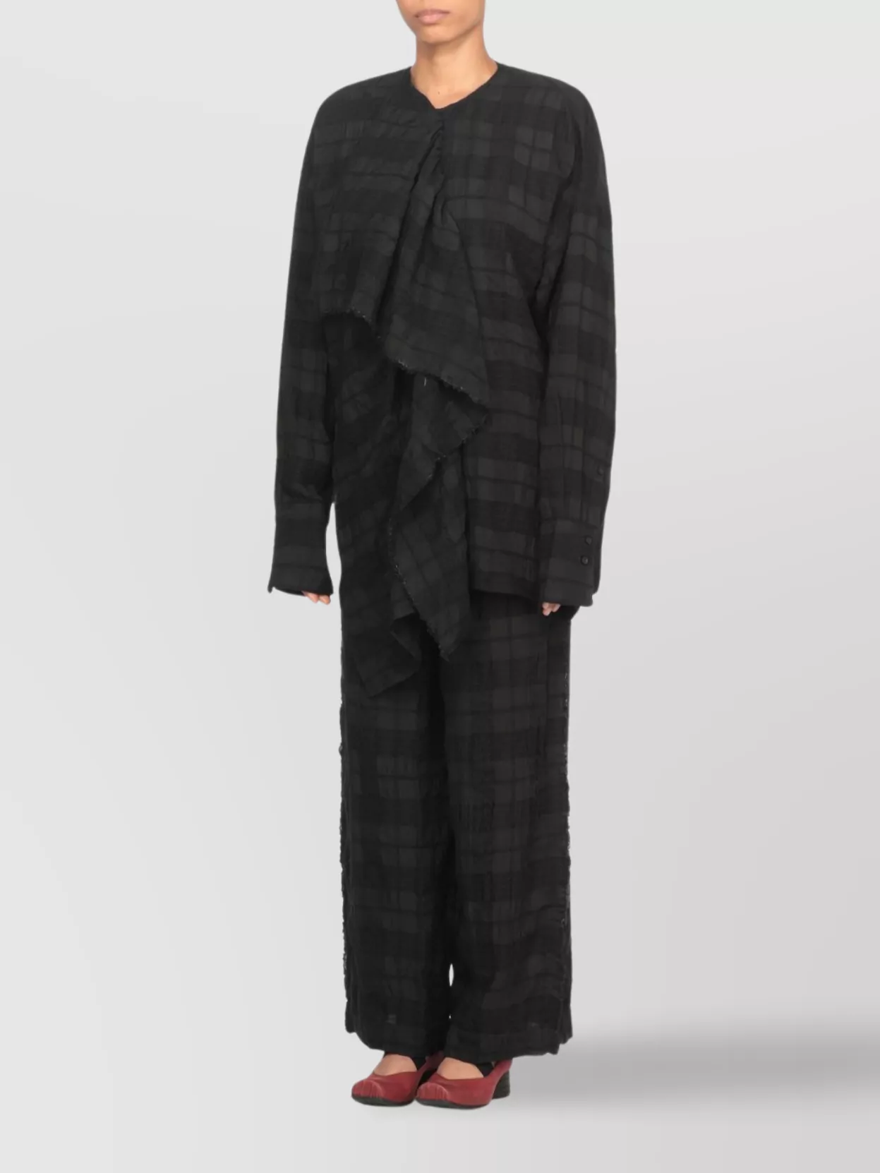 Uma Wang Draped Long Sleeve Checked Blouse In Black